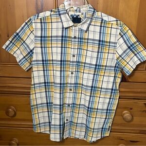 Prana Shirt Mens Medium Sleeve Button Up Blue Yellow Plaid Pocket EUC Ca…